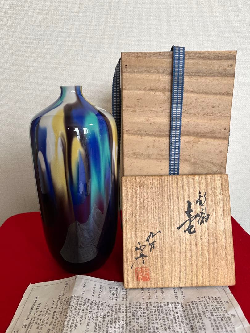 人間国宝 徳田八十吉 (正彦銘) 彩釉 壺 約26cm T251 共箱 陶歴