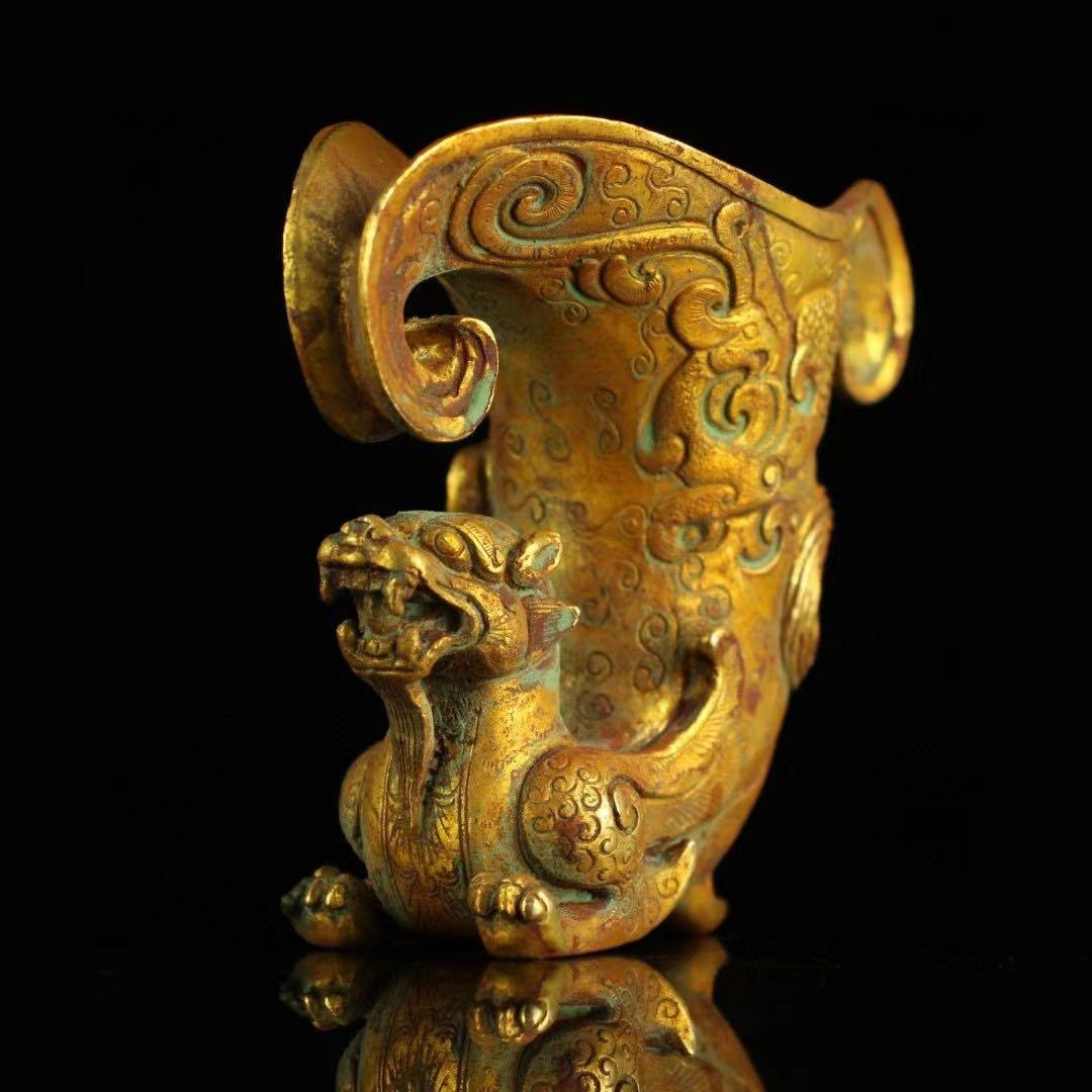 旧蔵、田舎入手、精銅、鎏金爬獣杯