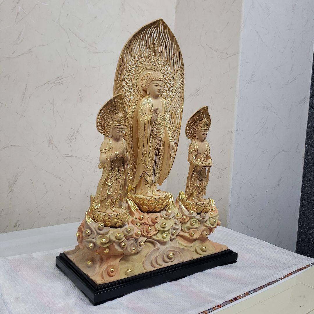 Ｂフライデー　仏像★伽耶材 阿弥陀如来三尊像6寸立★観音菩薩・勢至菩薩淡彩色錐金