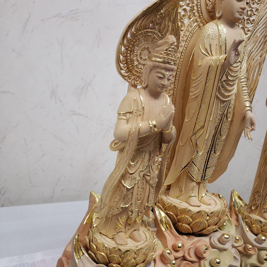 Ｂフライデー　仏像★伽耶材 阿弥陀如来三尊像6寸立★観音菩薩・勢至菩薩淡彩色錐金