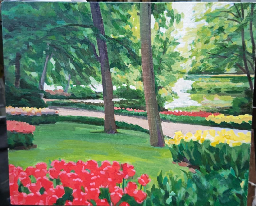 檜山健三　チューリップ園　８号油彩　芸大小磯教室