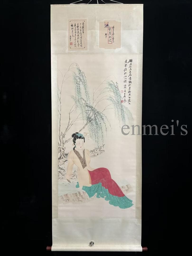 中国古美術・純手描き仕女図掛軸・水彩画・張大千印款・書道品・絹本・肉筆・一物一图