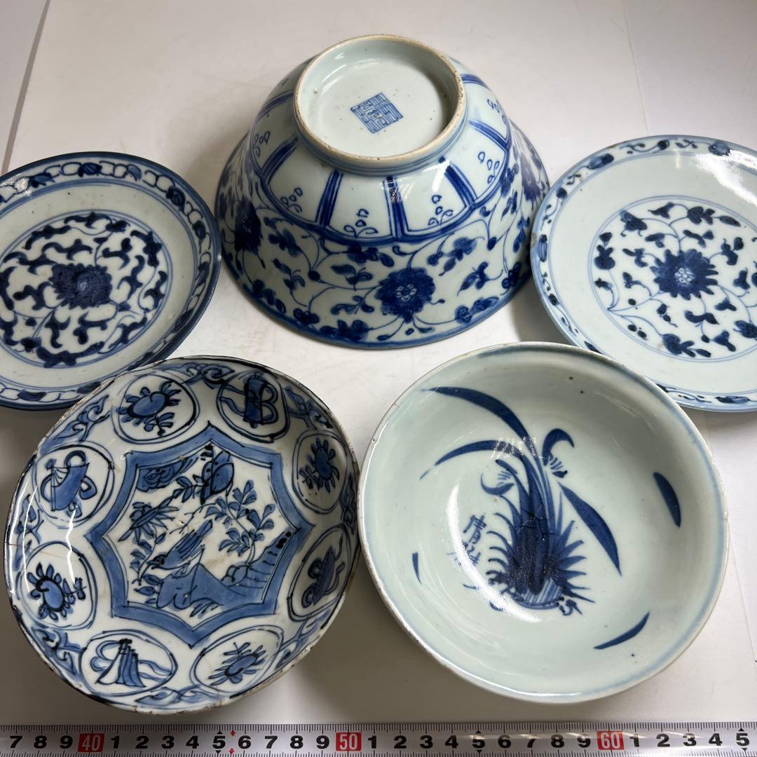 中国明末清朝時代　青草鉢、皿色々　口径約14~18㎝　東Y7-1030②トヒサ