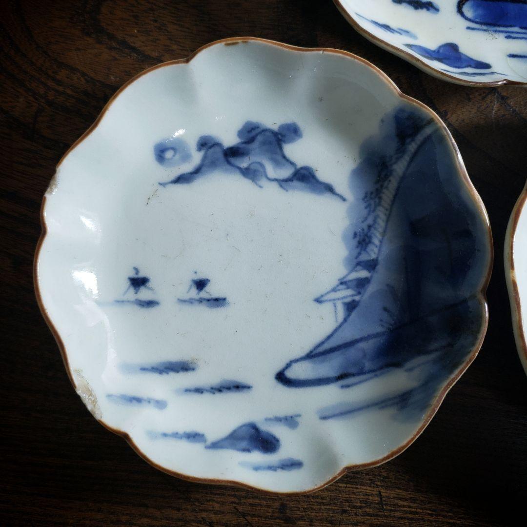 小皿　古伊万里　江戸　山水　遠景　船 民家　訳あり