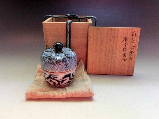 香合■南京古染付 擬宝瑞香合 呉須 桐箱 お茶道具 珍品 時代物 骨董品 希少■