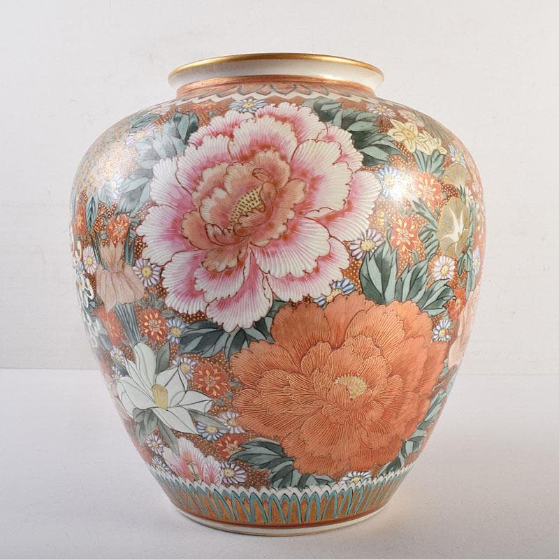 りか　九谷焼名工　九谷中田錦玉　百花繚乱 花詰文壷　花入　D　R8825H