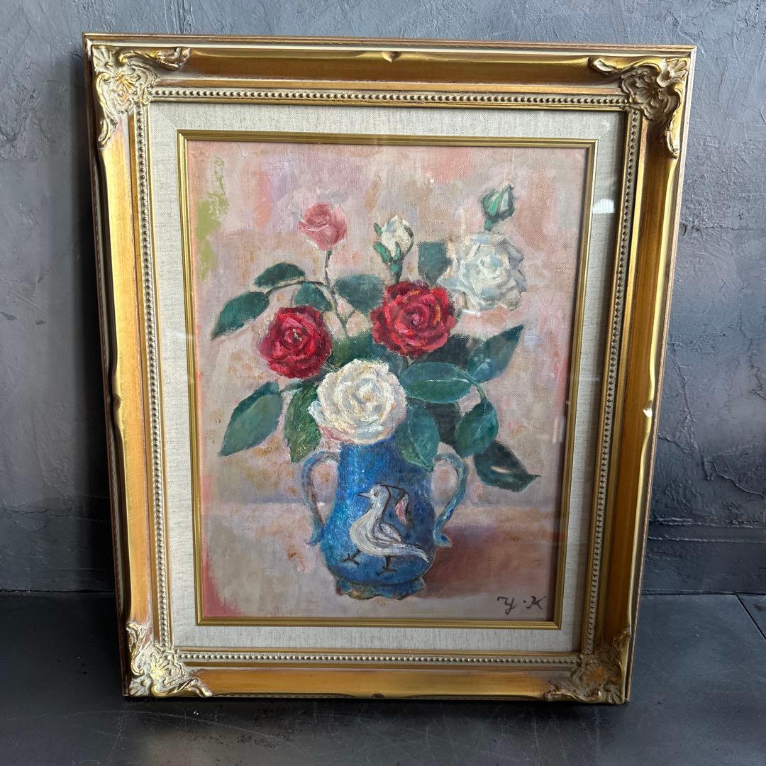 瞬間的お値下げ‼️雰囲気のよい優しいバラと鳥の絵　油彩画 花瓶のバラ ヴィンテージ