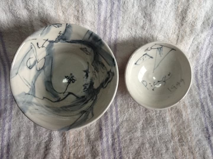 安食ひろ(1999年作) ピカソ碗(蓋付き） 於里辺碗　ぐい呑