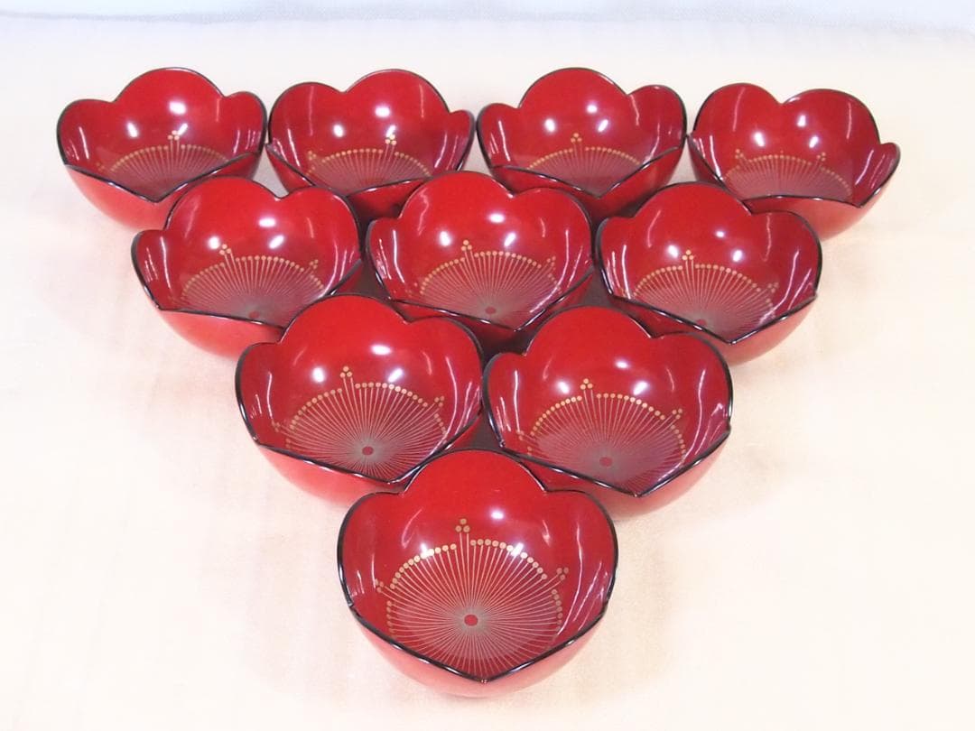 【良品】輪島塗 紫雲堂 蒔絵付き 梅小鉢10客 向付/珍味器 朱塗 漆器/食器