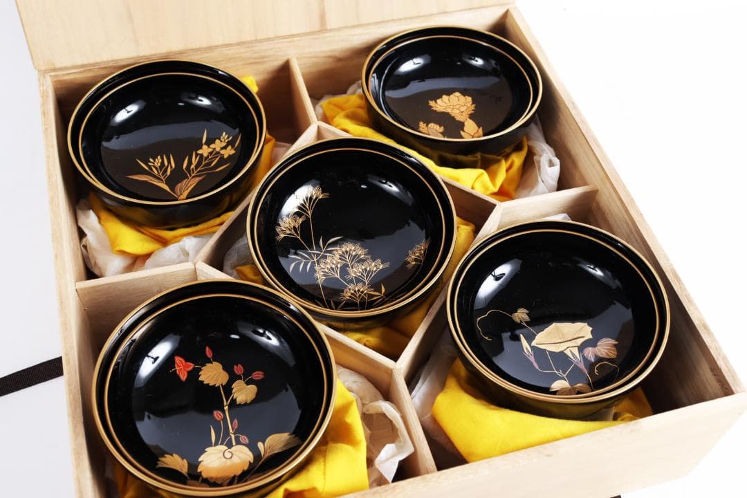 輪島塗 草花絵替 図替 蒔絵 煮物椀 五客 浅己　浅見②