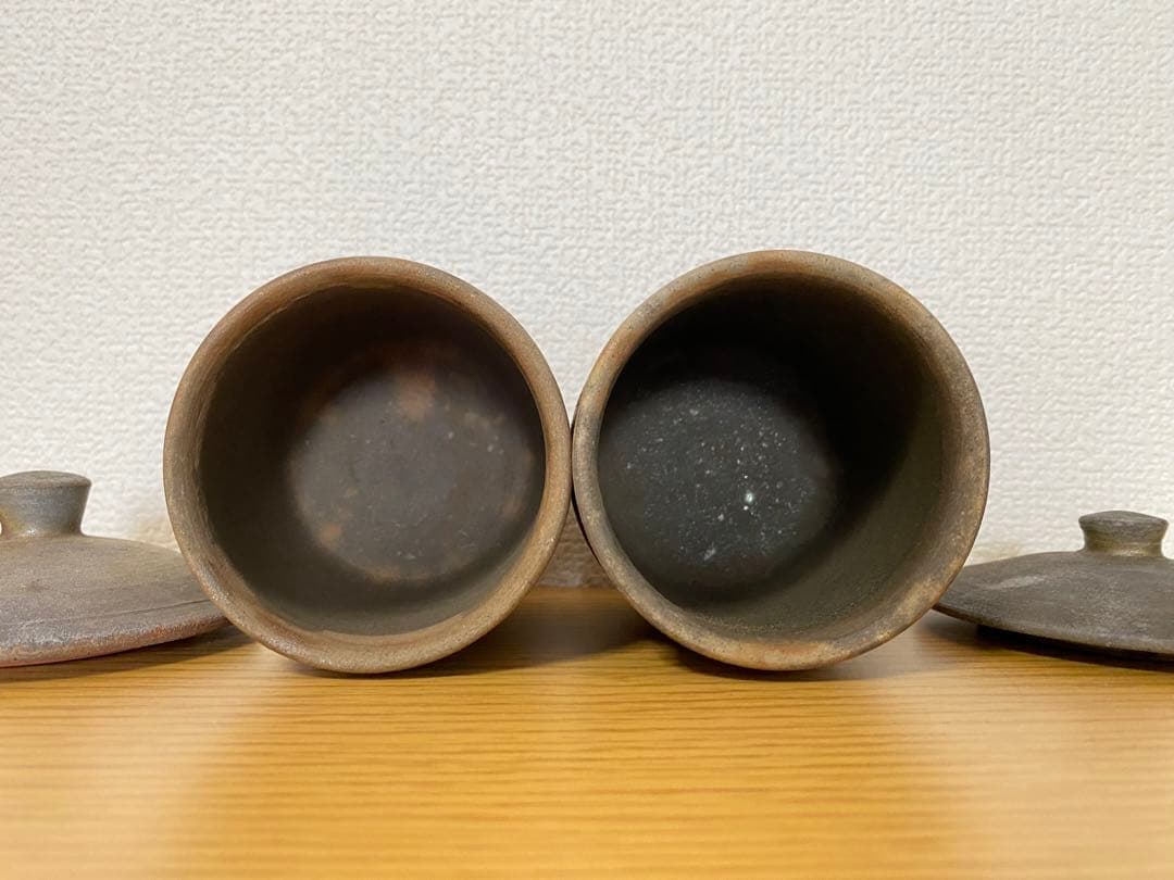 希少　備前焼　蓋付き湯呑みペアセット（木箱）般若心経