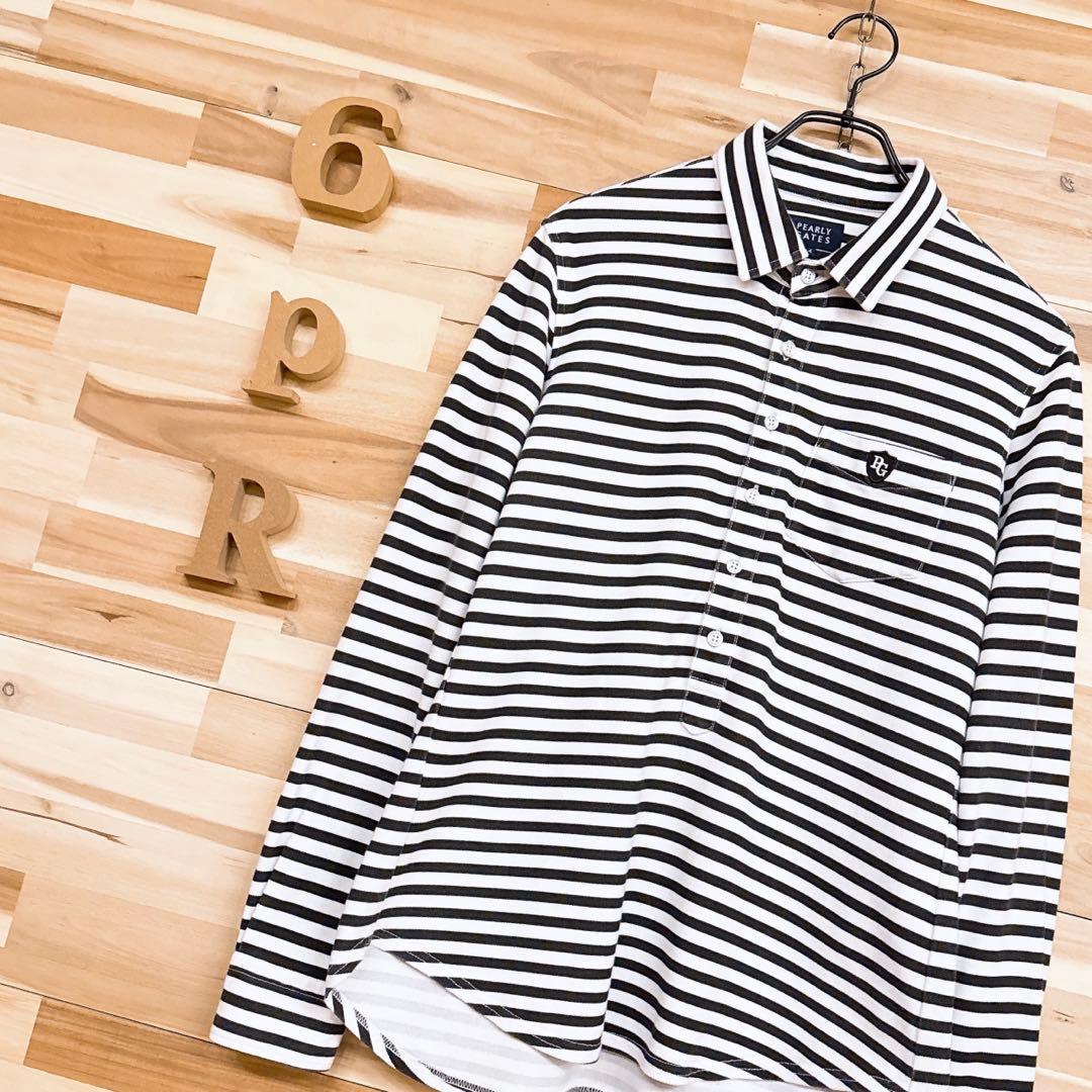 【パーリーゲイツ】モノトーン ストライプ ゴルフ 長袖シャツ ボーダー 黒×白