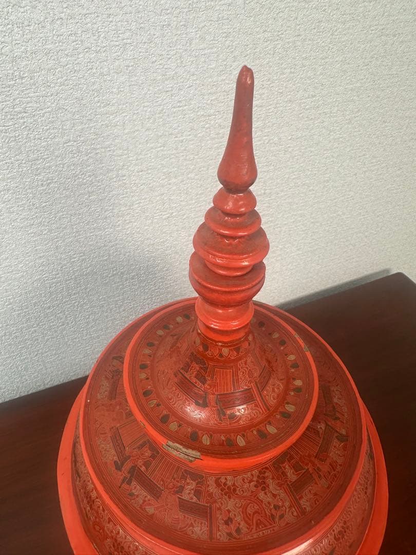 ミャンマー アンティーク 漆器 蒟醤 仏塔形 供物器 高さ約41cm ※31※