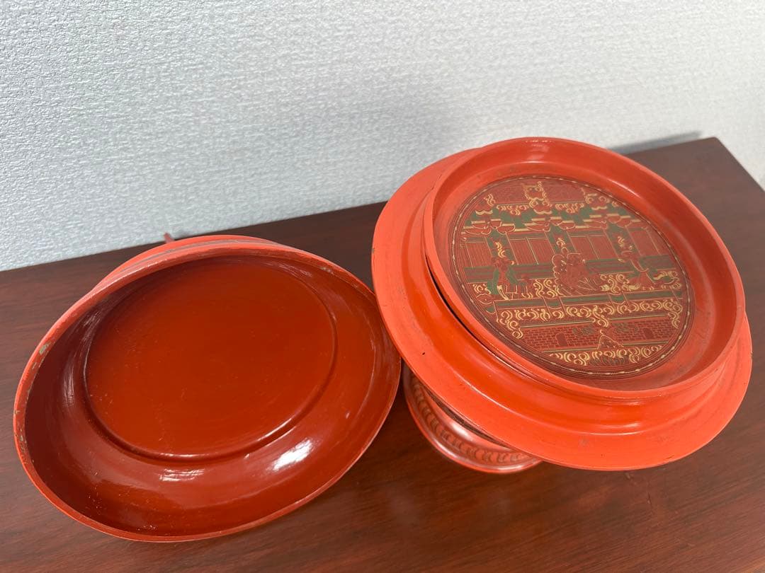 ミャンマー アンティーク 漆器 蒟醤 仏塔形 供物器 高さ約41cm ※31※