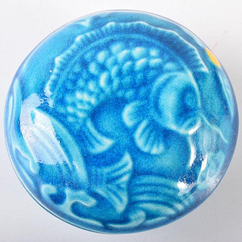 茶道具　萬古焼　加賀瑞山造　トルコ釉　荒磯魚文香合　共箱　V　7150