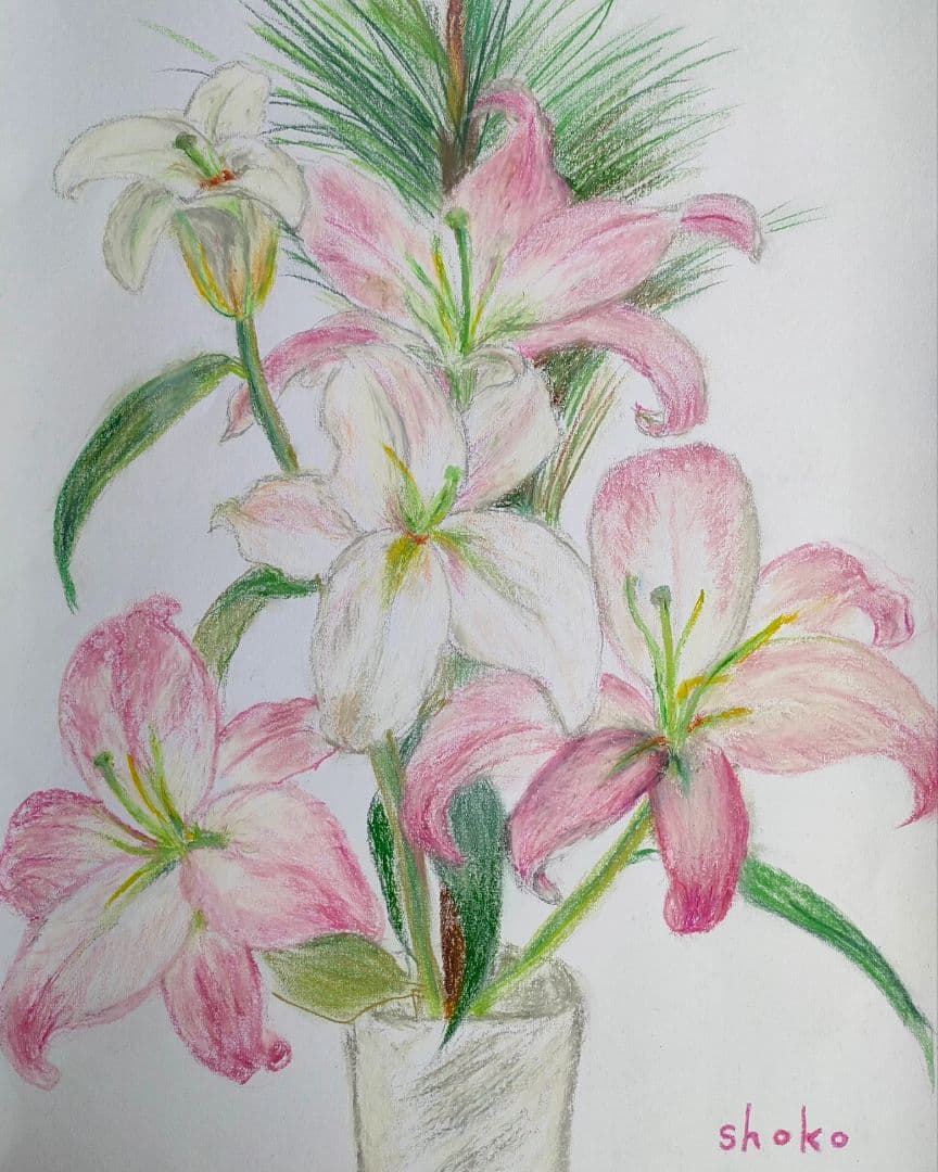 原画　自作の絵　絵画　一点物　パステル画　【カサブランカと松】