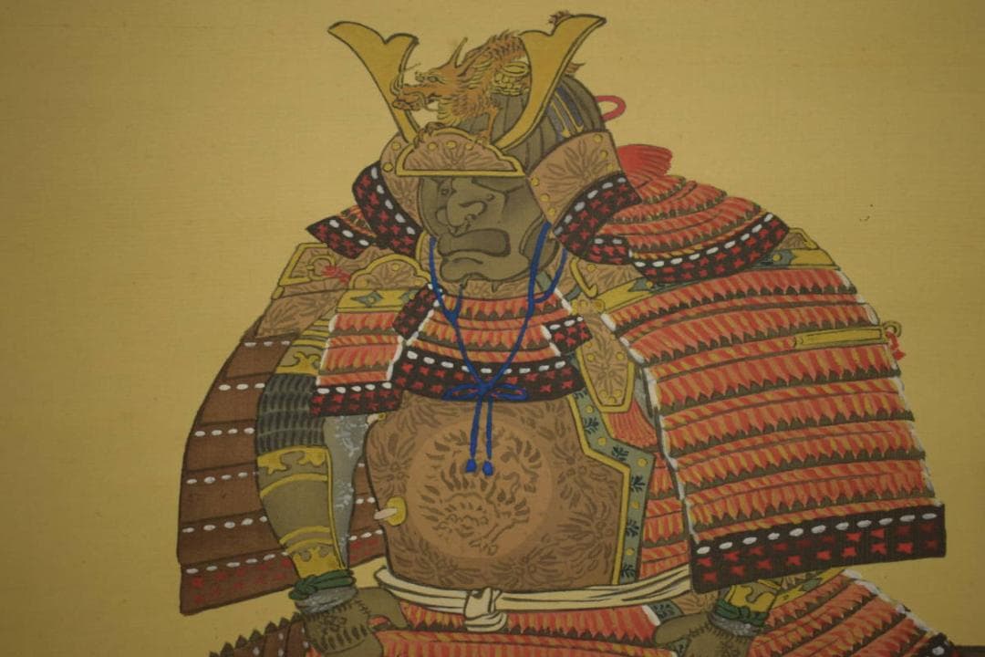 真作/島田暉山/具足図/鎧/武者絵/杉共箱付/布袋屋掛軸HI-636