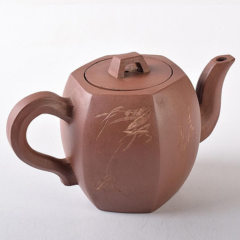 中国　小六方　紫砂　朱泥　漢詩草文　六角急須　茶壷　V　R8293