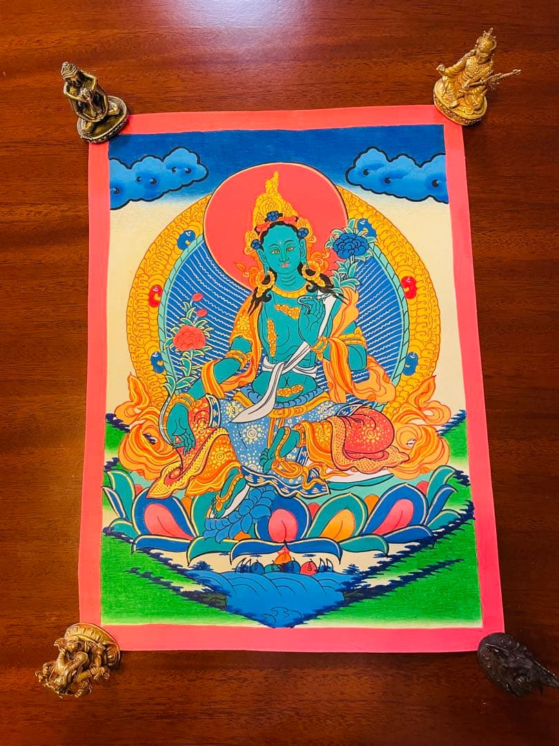 手描き 肉筆画 グリーンターラー 緑多羅菩薩 タンカ 曼荼羅 38 × 26