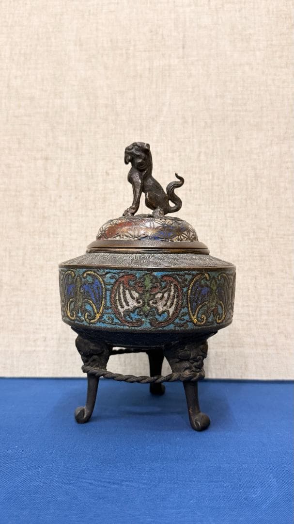 極上装飾】景泰藍（七宝）獅子蓋香炉｜古銅＋七宝細工｜幅13×高さ21cm