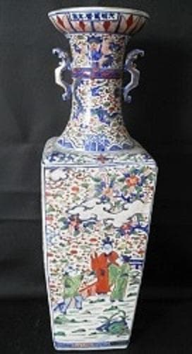 ＊中国古美術/五彩纏枝賢人龍紋隻耳四方大瓶（款：大明萬歴年製）