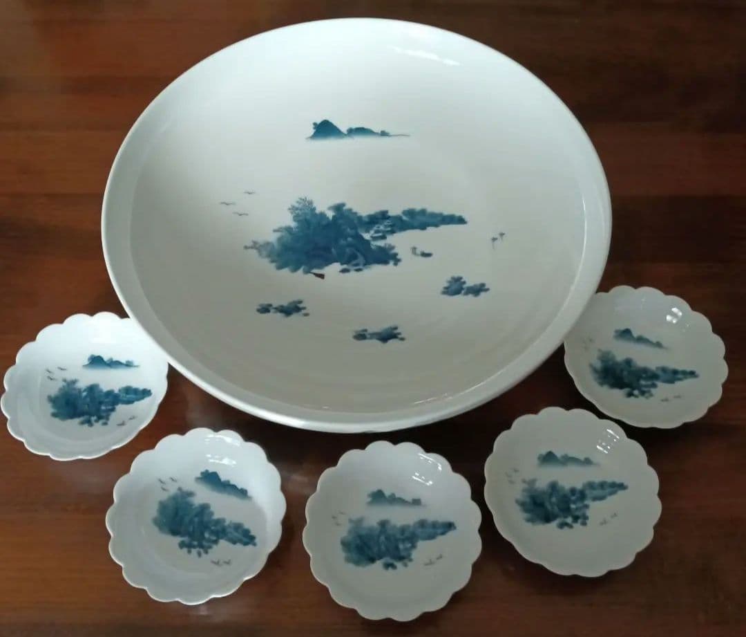 伊万里 鍋島焼 畑萬陶苑 楼閣山水図 大皿 31cm 小皿 セット 山水 風景