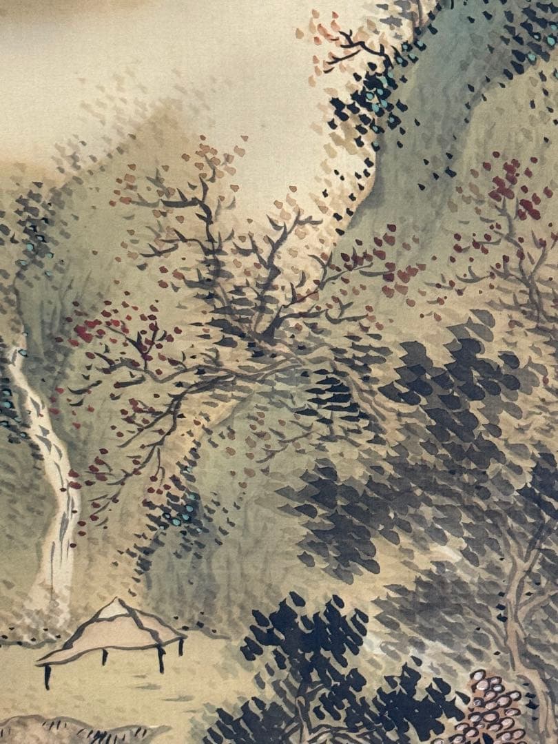 竹塘山人筆　絹本肉筆　青緑山水　共箱　掛軸　送料込み250902