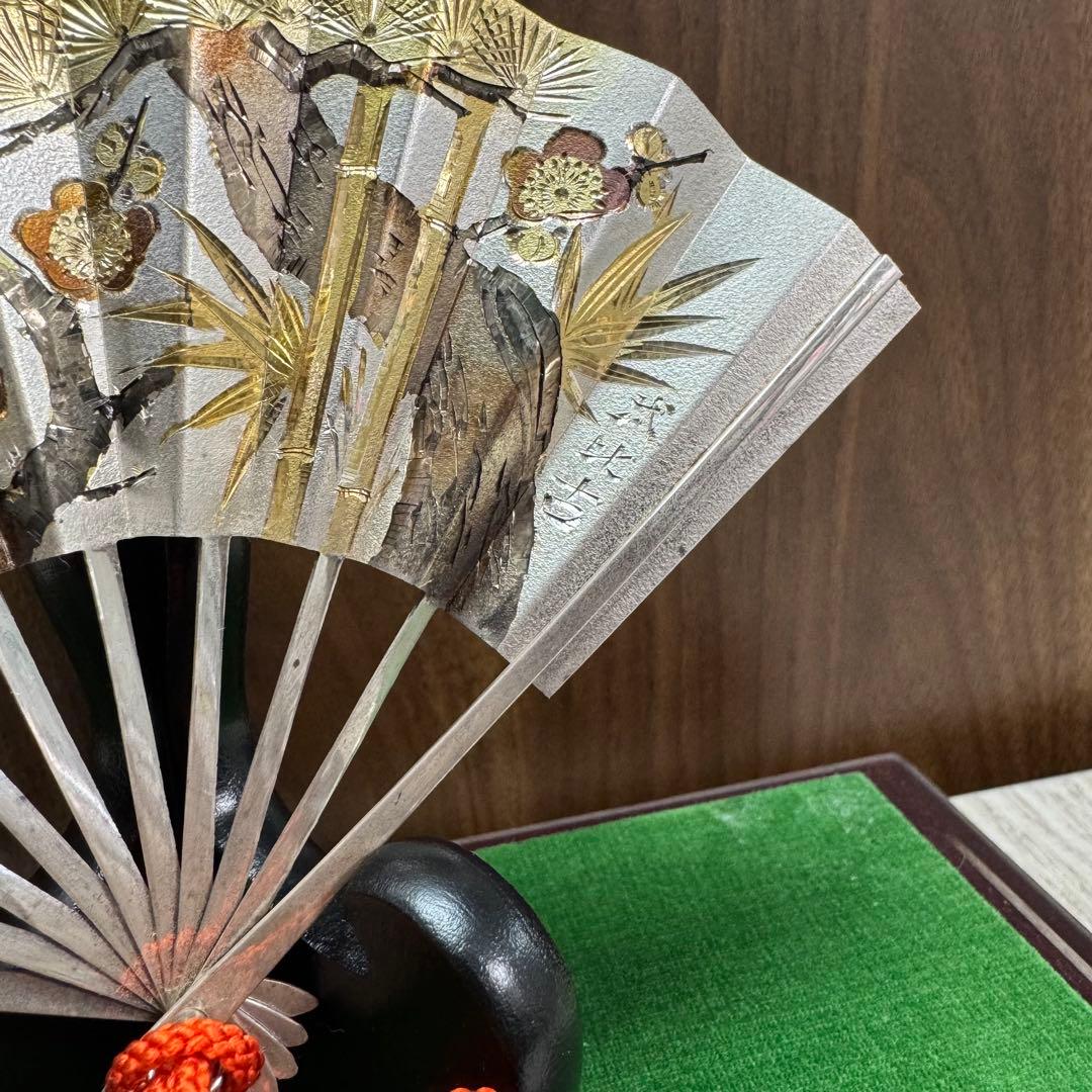 純銀 扇 5号(松竹梅) 純銀製 扇子 置物 武比古作 銀細工 インテリア