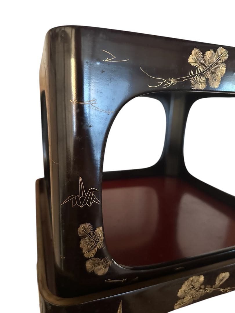 輪島塗 脚付膳 入れ子　５客 明治期 廣盆 漆器 蒔絵 黒朱塗沈金 漆塗