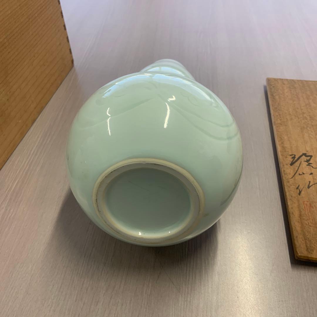 淡い青色 陶器 花瓶 気根 付属 木箱
