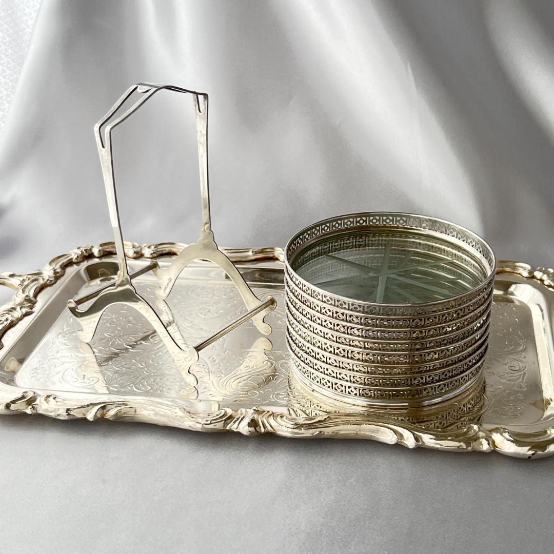 【Webster】ワイングラスコースター 8枚【純銀/ガラス】 ホルダー