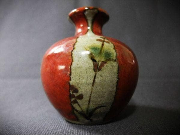 】油壷 赤絵の古い油壷 染付 草花文 一輪挿し 時代物 骨董品 古美術