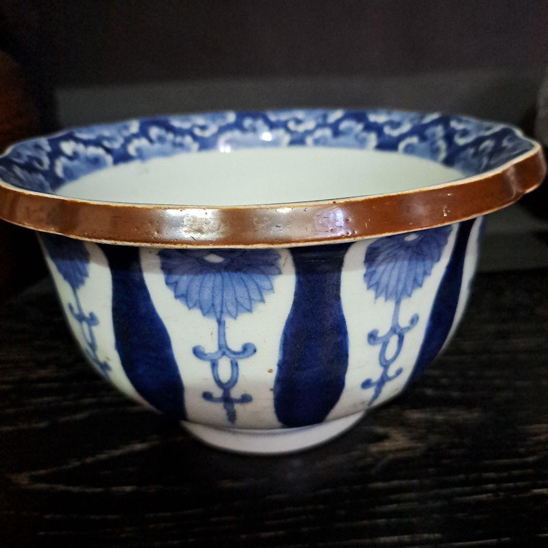 古伊万里　呉須染付青磁　深鉢　輪花赤縁　口太　高台　立割菊花図　江戸後期