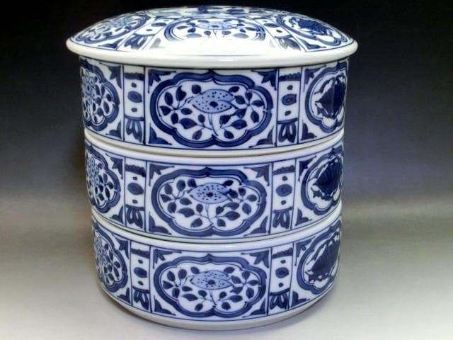 鉢■平安【陶峰造】染付古代紋三段重鉢 手描き 花唐草紋 京焼 清水焼 お重 高級