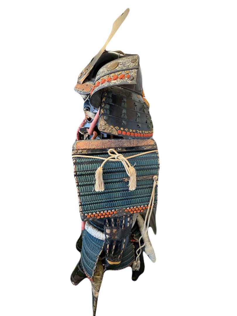 け*屋様 日本美術 時代甲冑 等身大 家紋入 丸に揚羽蝶 鎧兜 一式 面頬 鎧櫃