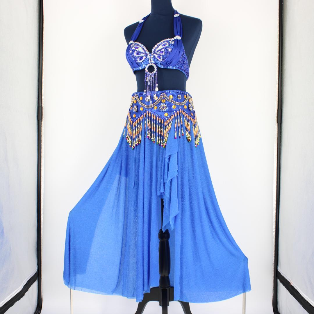 【ベリーダンス用オリエンタル衣装】スパンコール・ビジュー多数付き ブルー系
