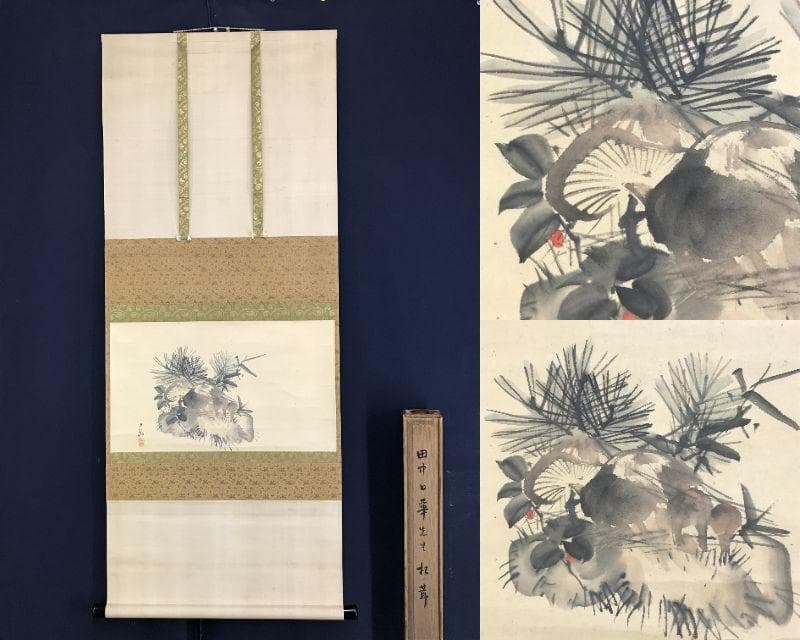 真作/田中日華/松茸図/マツタケ図/野菜図/横物/掛軸☆宝船☆AH-514