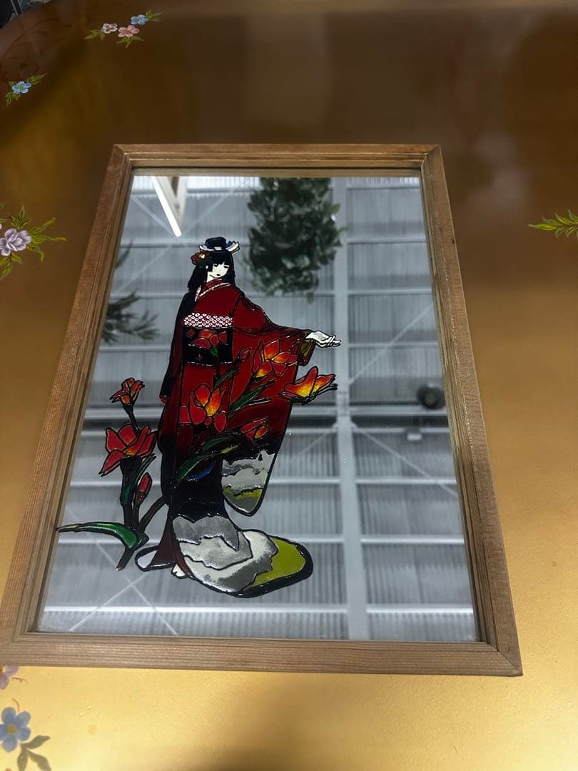 女性の着物イラスト 木製フレーム 鏡