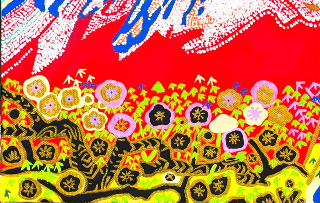 【F4号】手描き油彩　片岡球子【富士】赤富士　額縁　未使用額　サイン　落款　絵画