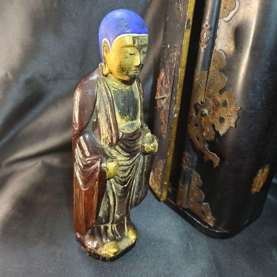 仏教古美術 漆金彩木彫り仏像 厨子付 骨董 アンティーク 蒐集家放出 旧家蔵出し