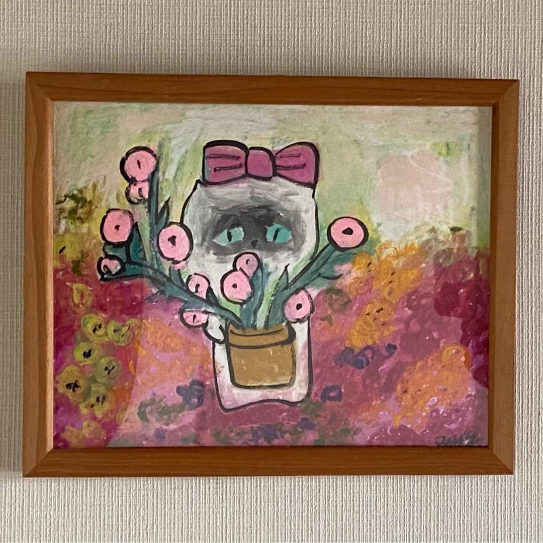絵画 。原画☆【美しい花畑にきれいな花を植えたかわいいシャム猫】
