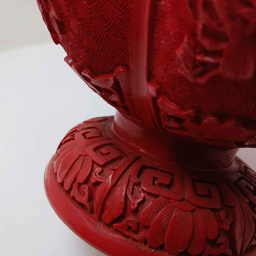 Y2551 中国 堆朱 6面花図 花瓶 高さ31.5㎝