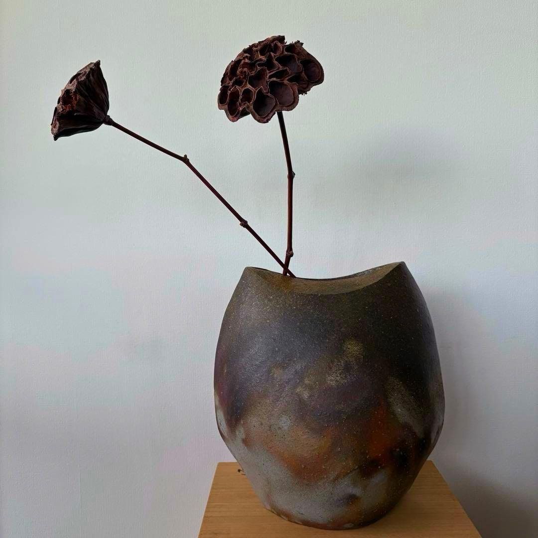 山下譲治　備前焼　変形花器　花瓶花入　共箱付　高さ29cm