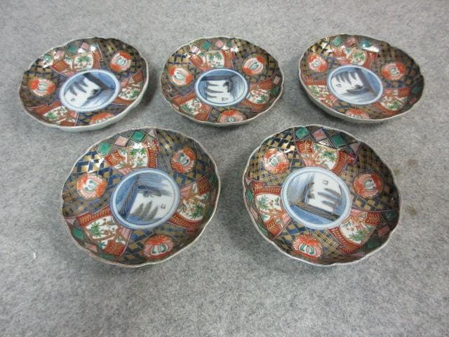 伊万里 色絵 錦手 手塩皿 5枚 [B23803] 丸文に舟漕ぎ 小皿 古玩