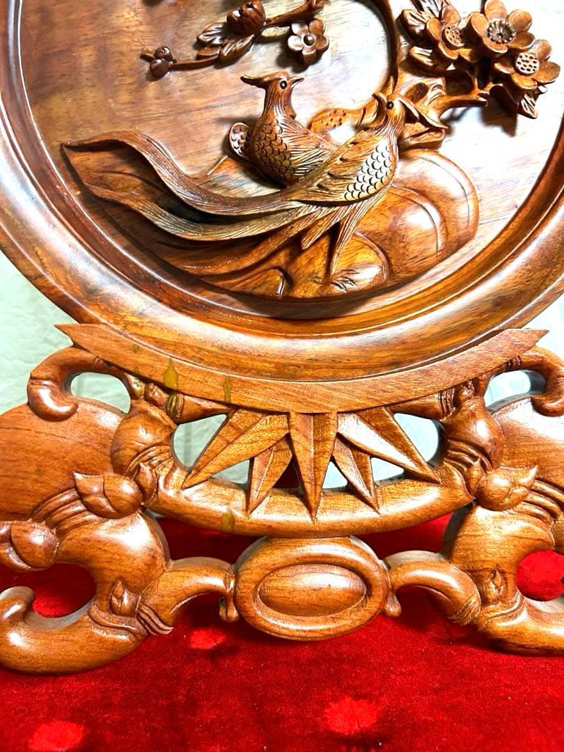 木彫り　花と孔雀　アプリコットプレート