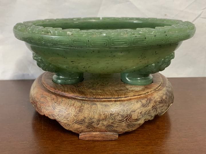 【希少品】中国古美術/文房具/碧玉水盤/水盂/共箱　共布 147B-2-1