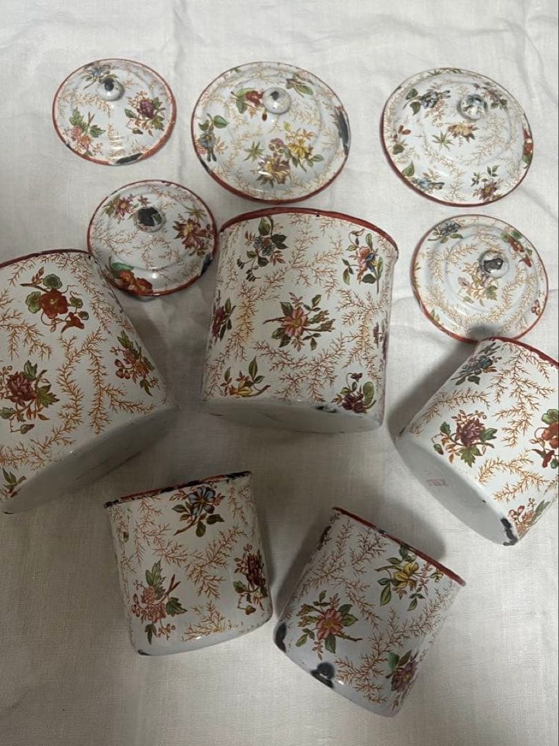 レア♡フランス　アンティーク　ホーロー　花柄　JAPY キャニスター　5個セット