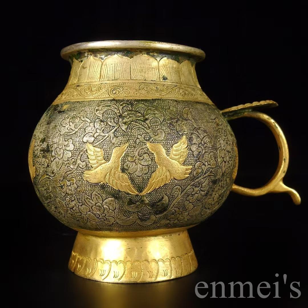 中国古美術 唐風 描金 純銅製 鏨刻罐 供物器 細密細工 置物 賞物 擺件 唐物