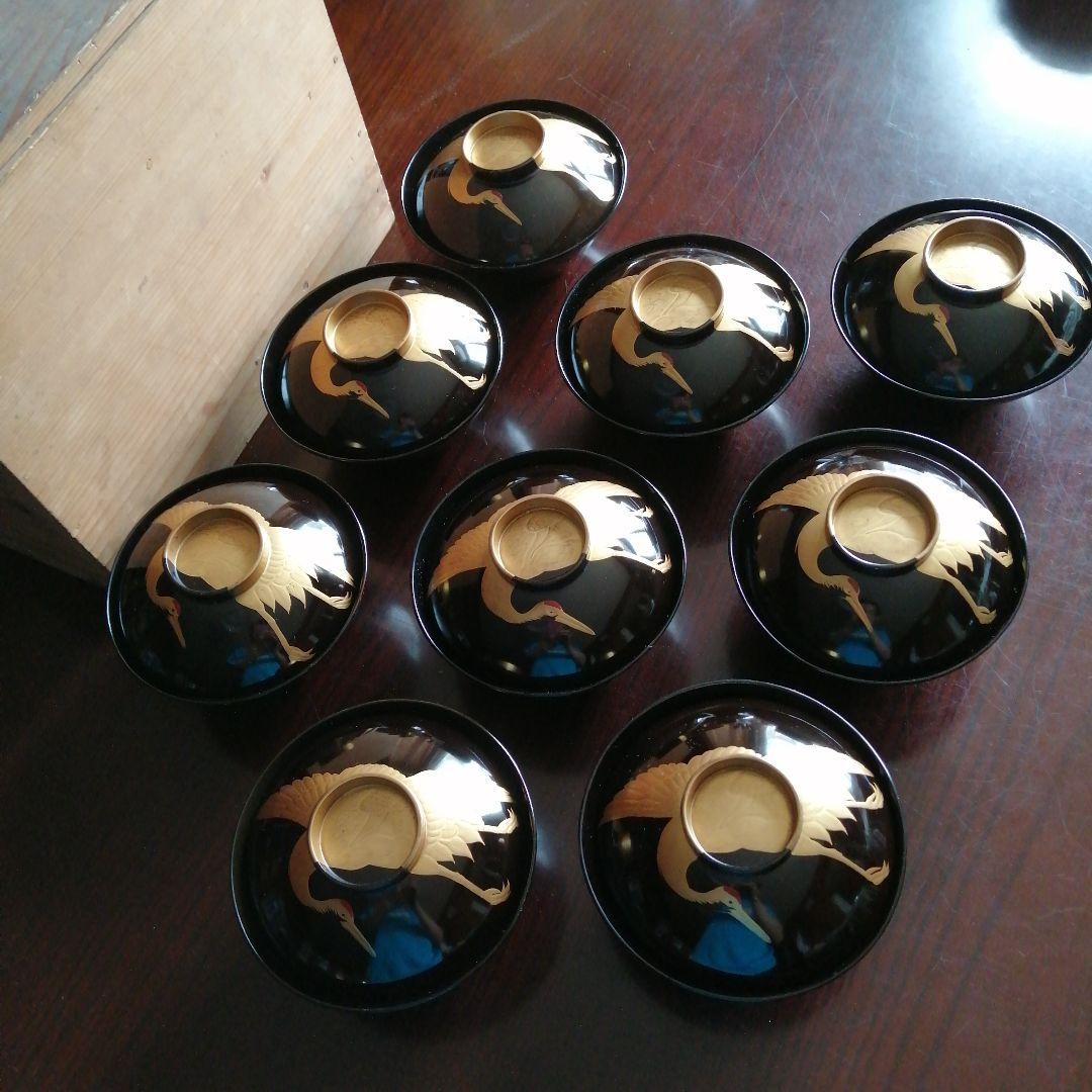 木製漆器　金彩鶴画蓋付椀　9客　12.7cm　大正期　【椀中ヤケあり】