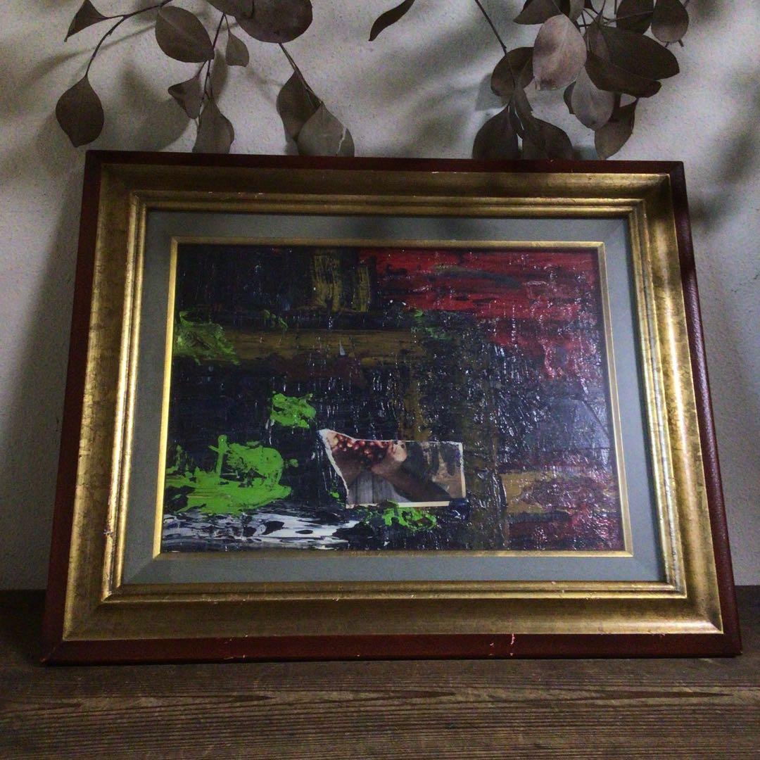 No4127 額装　作者不明　コラージュ画　油彩画　抽象画　現代アート　送料無料